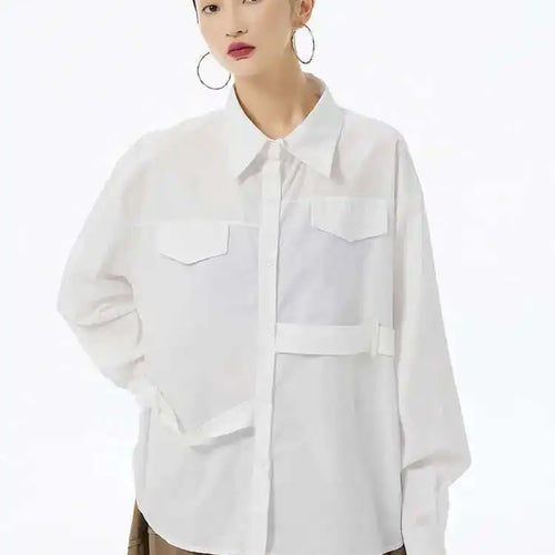 Load image into Gallery viewer, Women White False Pocket Big Size Casual Blouse New Lapel Long Sleeve Shirt Fashion Tide Spring Autumn 2025 1DH6683
