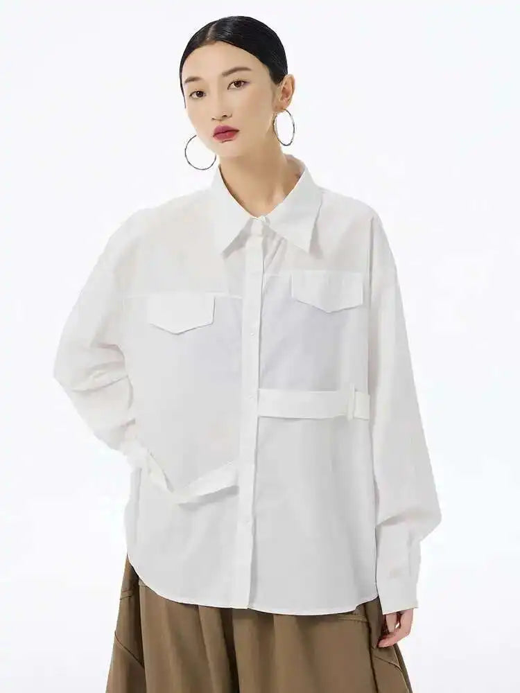 Women White False Pocket Big Size Casual Blouse New Lapel Long Sleeve Shirt Fashion Tide Spring Autumn 2025 1DH6683