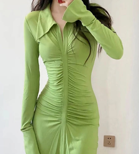 Sexy Solid Slim Dress For Women Lapel Collar Long Sleeve Patchwork Ruched Folds Split Front Dresses Female Clothing 2022 New