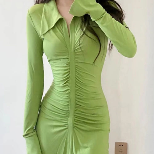 Load image into Gallery viewer, Sexy Solid Slim Dress For Women Lapel Collar Long Sleeve Patchwork Ruched Folds Split Front Dresses Female Clothing 2022 New
