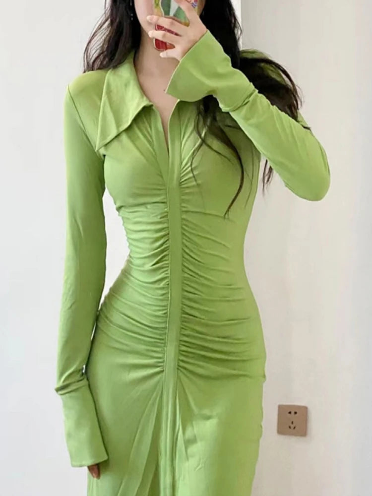 Sexy Solid Slim Dress For Women Lapel Collar Long Sleeve Patchwork Ruched Folds Split Front Dresses Female Clothing 2022 New