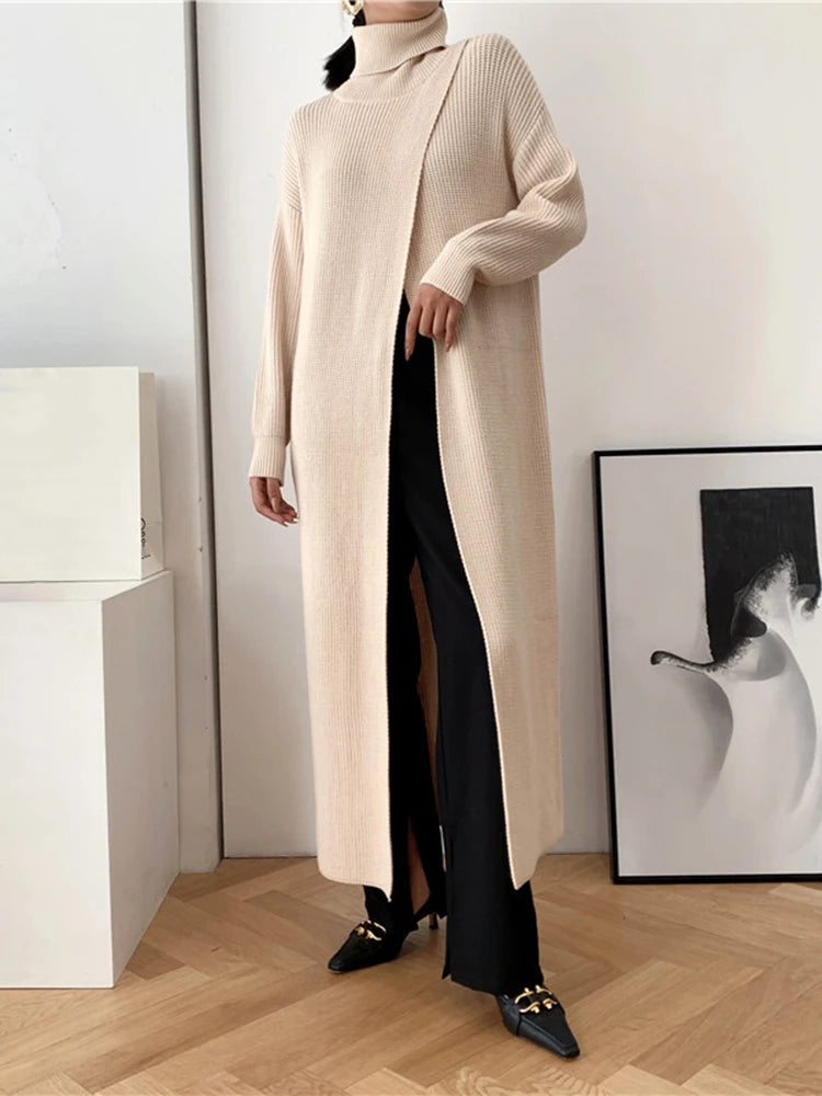 Vent Long Knitting Sweater Loose Fit Turtleneck Long Sleeve Women Pullovers New Fashion Tide Autumn Winter 2025 1DA357