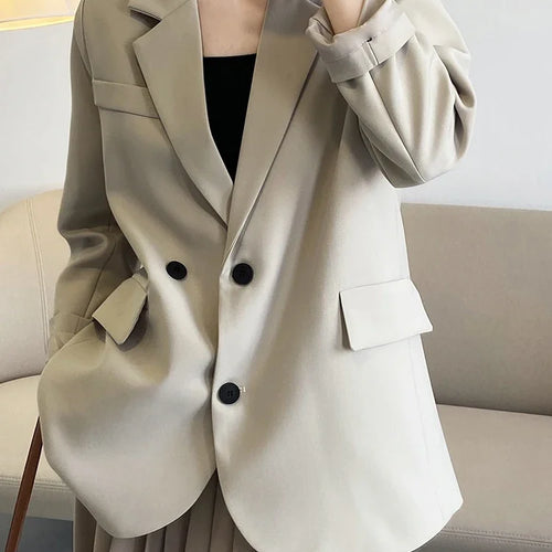 Load image into Gallery viewer, Double Breasted Oversized Black Blazer Women Autumn Winter Drape Solid Color Loose Suit Jacket Office Lady
