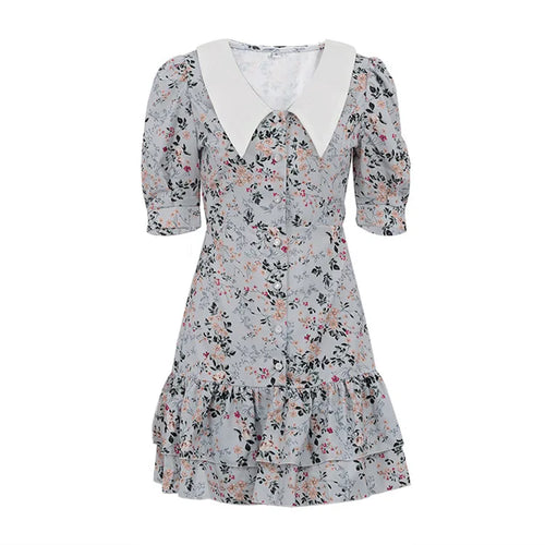 Load image into Gallery viewer, Short Sleeve Floral Mini Dress For Women Robe Turn-down Collar Elegant French Dress Ladies Fashion High Waist Dresses
