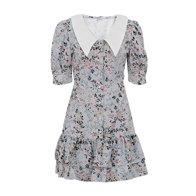 Short Sleeve Floral Mini Dress For Women Robe Turn-down Collar Elegant French Dress Ladies Fashion High Waist Dresses
