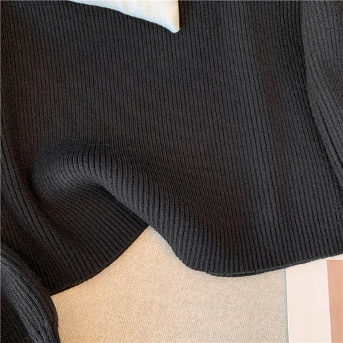 Load image into Gallery viewer, Black Patchwork Bow Collar Women Elegant Sweater Korean Chic Slim Knitted Long Sleeve Office Lady Pullover Top Autumn Winter New
