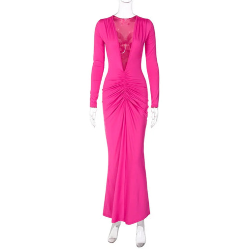 Load image into Gallery viewer, Deep V Neck Ruched Maxi Dress Women Gown Autumn New Long Sleeve Backless Bodycon Sexy Party Evening Dress Vestidos
