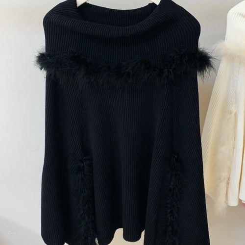 Load image into Gallery viewer, Solid Temperament Sweaters For Women Slash Neck Long Sleeve Patchwork Feathers Casual Sweater Female Fashion Style
