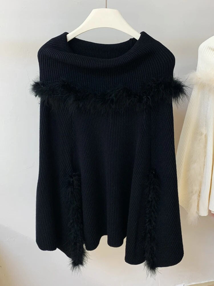 Solid Temperament Sweaters For Women Slash Neck Long Sleeve Patchwork Feathers Casual Sweater Female Fashion Style