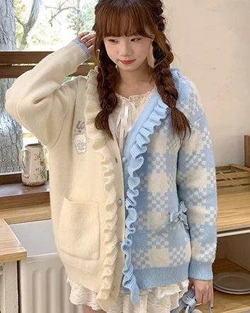 Preppy Style Contrast Color Cardigans Loose Cartoon Embroidery Sweet Knitted Sweater Harajuku Female Ruffled Patchwork Jackets