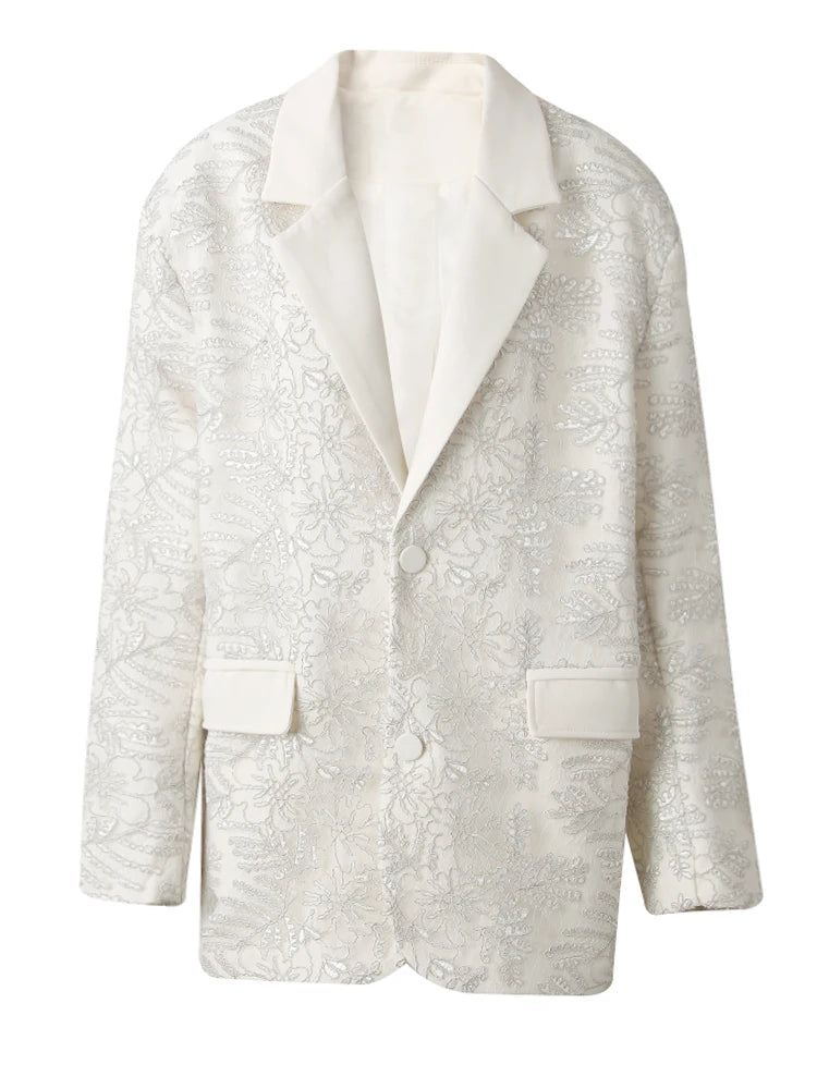 Women Beige Textured Pocket Big Size Vintage Blazer New Lapel Long Sleeve Jacket Fashion Tide Spring Autumn 2025 CPG3013