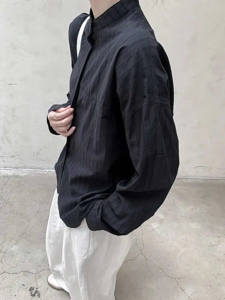 Women Black Striped Vintage Big Size Blouse New Stand Collar Long Sleeve Shirt Fashion Tide Spring Autumn 2025 1DH8363