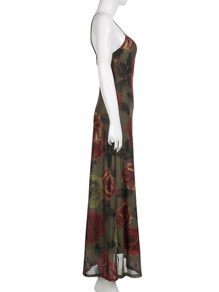 Spaghetti Strap Vintage Floral Printing Chiffon Dress Long Chic Fashion Holidays Maxi Dresses Women Double Layer