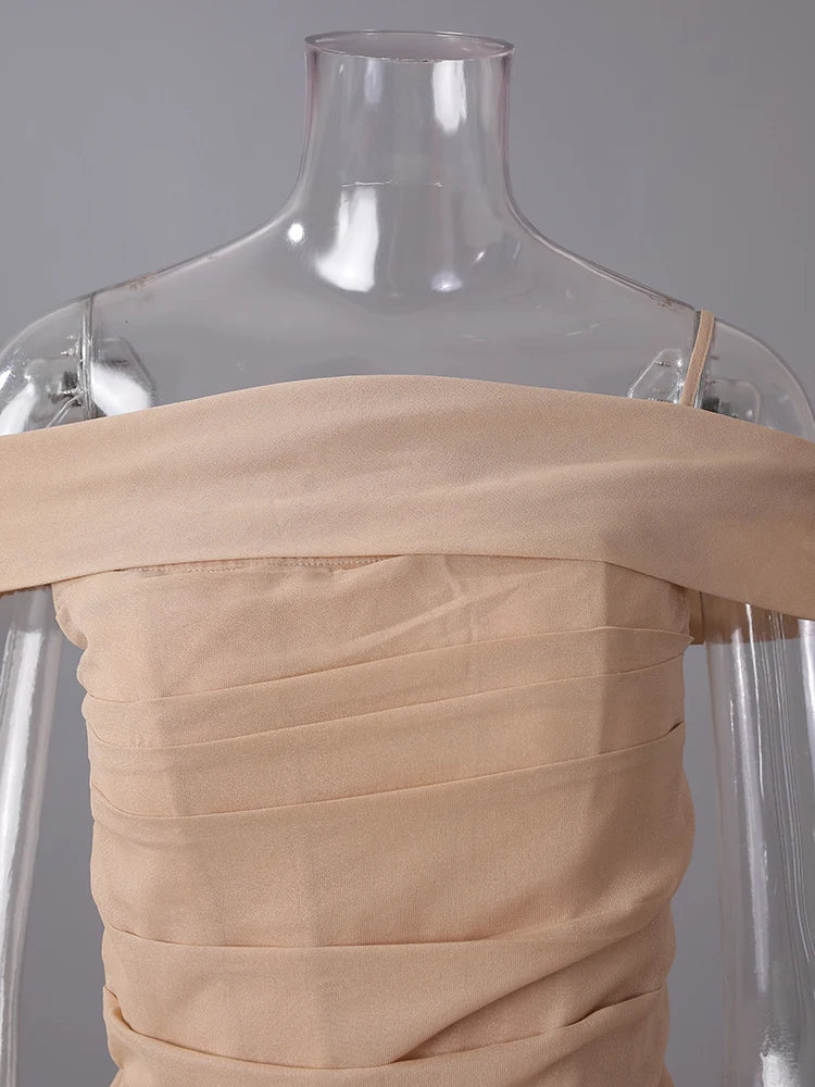 Women Khaki Pleated Slim Elegant Long Party Dress New Slash Neck Sleeveless Fashion Tide Spring Autumn 2025 CPG2992