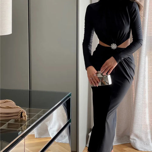 Load image into Gallery viewer, Elegant Hollow Out Sexy Maxi Dress For Women Autumn Winter New Turtleneck Long Sleeve Bodycon Club Party Evening Dress
