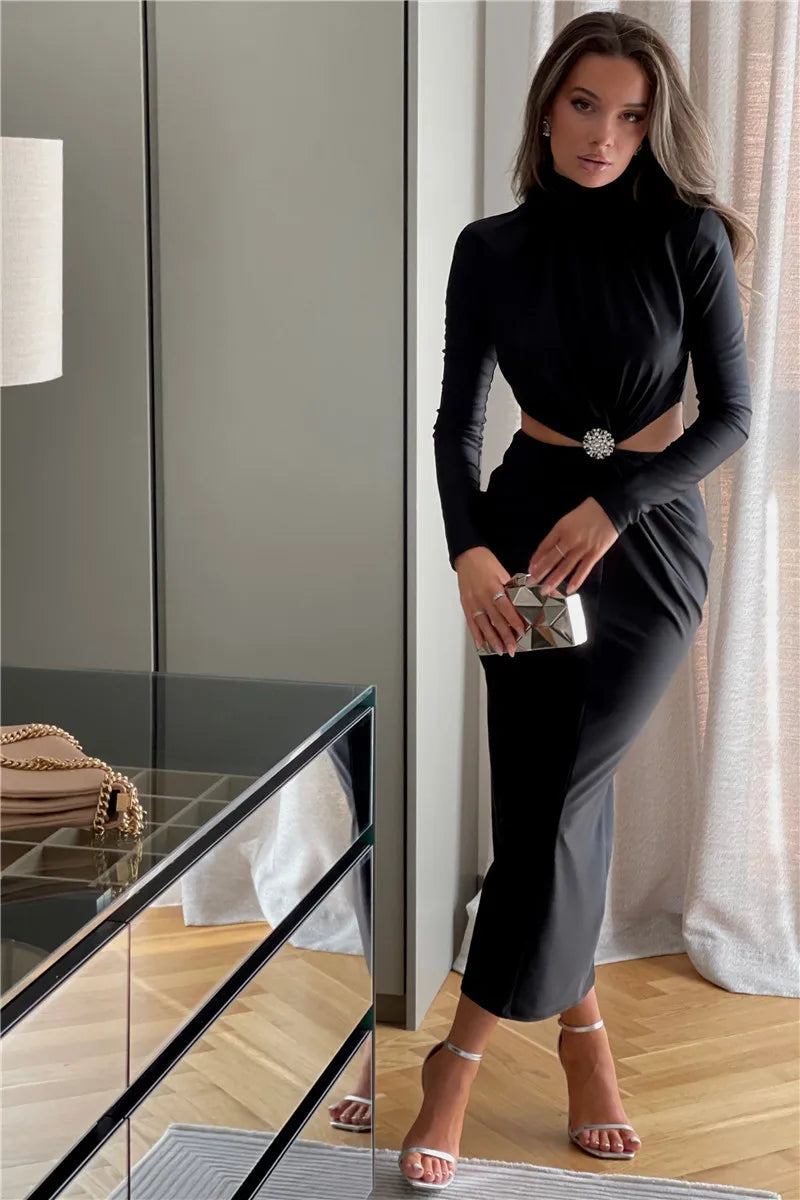 Elegant Hollow Out Sexy Maxi Dress For Women Autumn Winter New Turtleneck Long Sleeve Bodycon Club Party Evening Dress