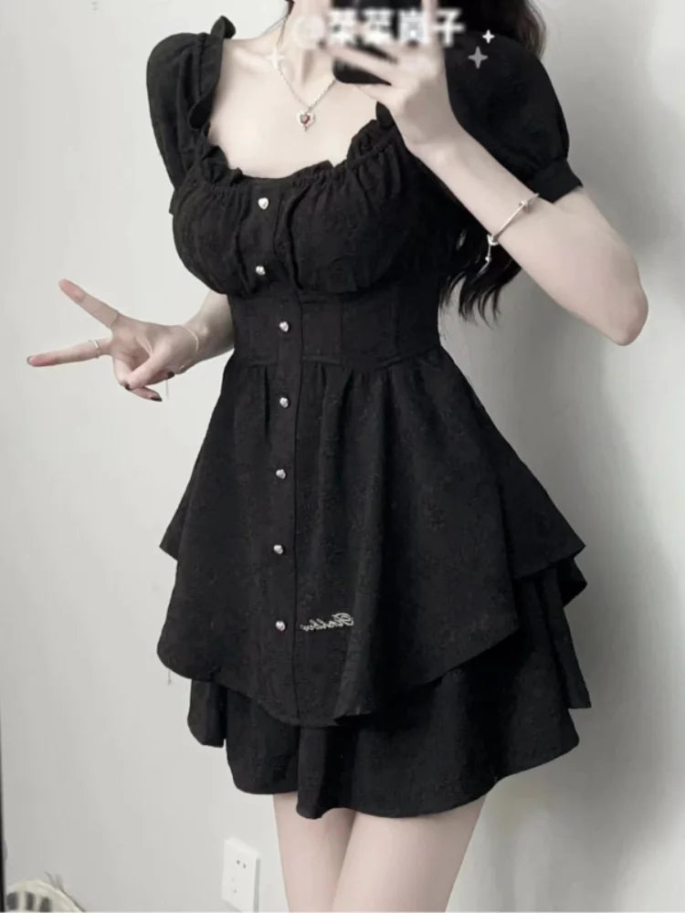 Black Mini Dress Gothic Goth Puff Sleeve Korean Fashion Square Collar Design Party Short Dresses Summer Sundress