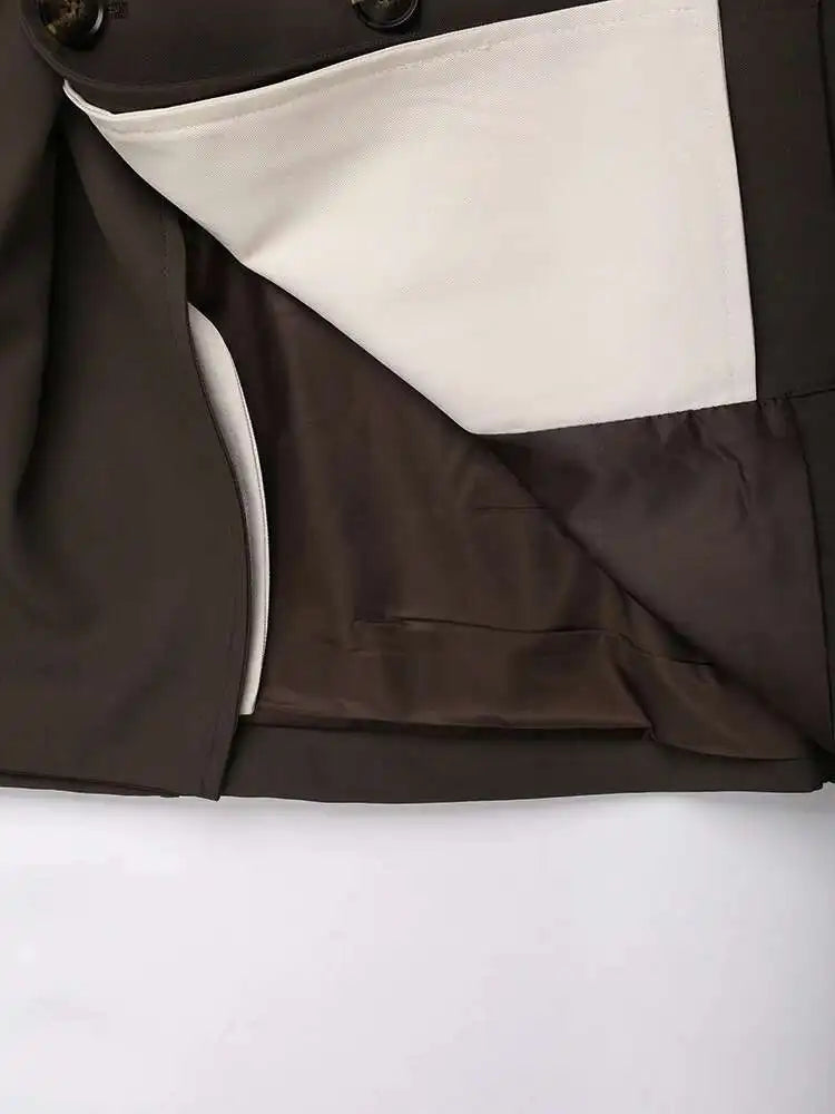 Women Brown Color-block Big Size Long Trench New Lapel Long Sleeve Windbreaker Fashion Tide Spring Autumn 2025 2AA310104