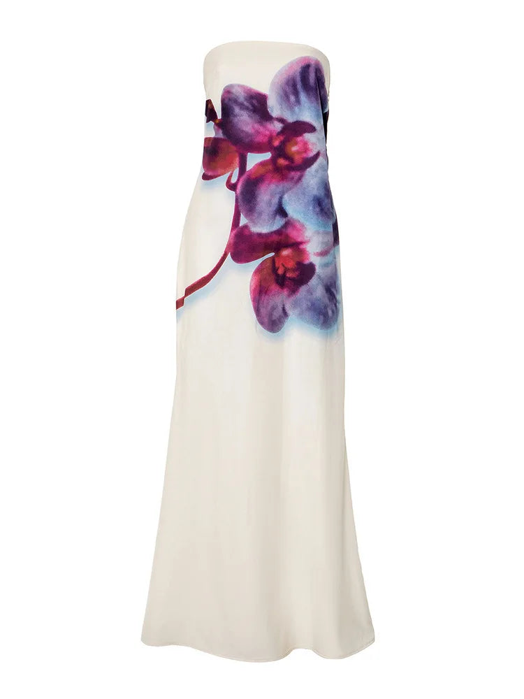 Floral Print Strapless Sexy Maxi Dress For Women Gown Off-shoulder Backless Sleeveless Elegant Long Dress Fashion
