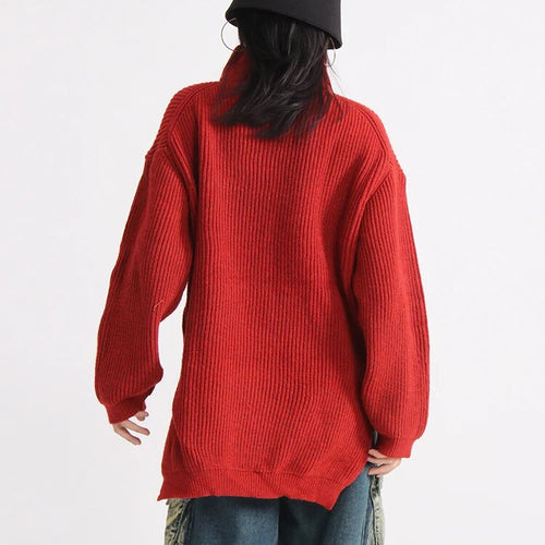 Load image into Gallery viewer, Minimalist Sweater For Women V Neck Long Sleeve Patchwork Zipper Casual Loose Knititng Sweater Female Fashion
