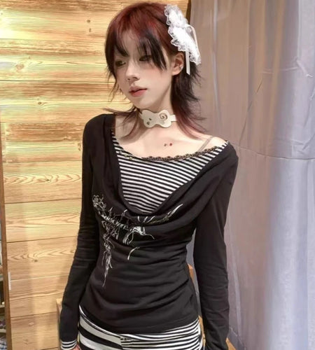 Fake Two Pieces Striped Punk T-shirt Y2k Aesthetic Patchwork Vintage Print Women Tshirts Harajuku Slim Streetwear Ins Tees Femme