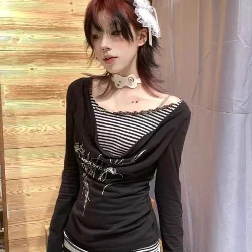 Load image into Gallery viewer, Fake Two Pieces Striped Punk T-shirt Y2k Aesthetic Patchwork Vintage Print Women Tshirts Harajuku Slim Streetwear Ins Tees Femme
