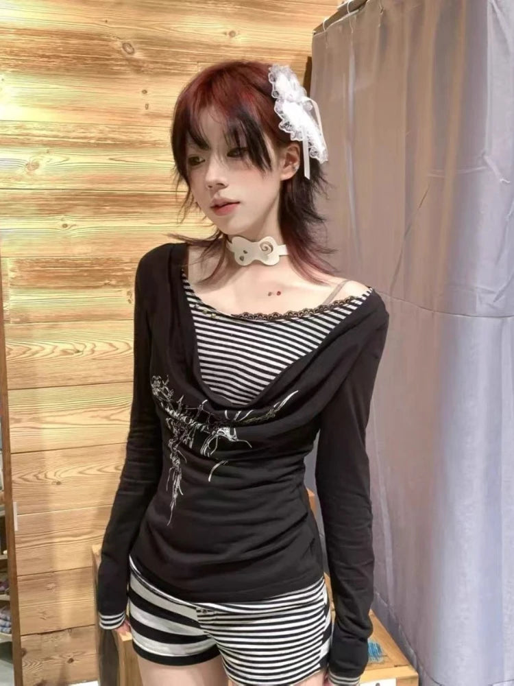 Fake Two Pieces Striped Punk T-shirt Y2k Aesthetic Patchwork Vintage Print Women Tshirts Harajuku Slim Streetwear Ins Tees Femme