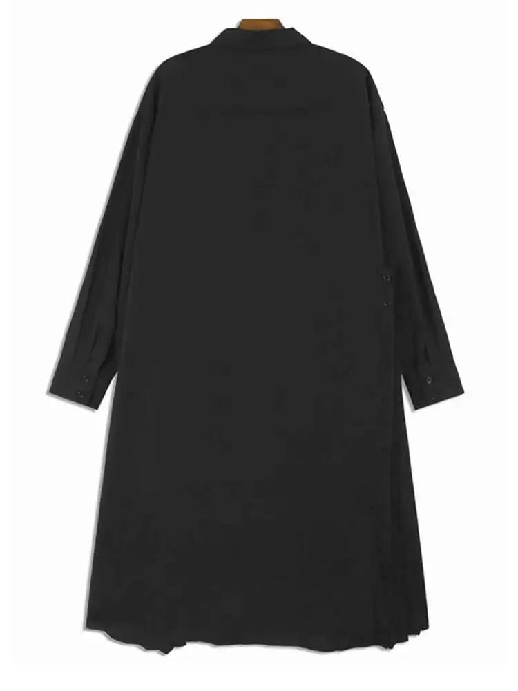 Women Green Hem Irregular Pleated Big Size Shirt Dress New Lapel Long Sleeve Fashion Tide Spring Autumn 2025 1DH6769