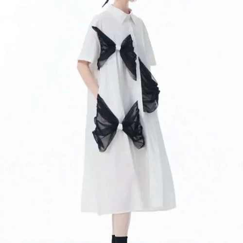 Load image into Gallery viewer, Women White Mesh Bow Color-block Big Size Shirt Dress New Lapel Short Sleeve Fashion Tide Spring Summer 2025 1DJ0048
