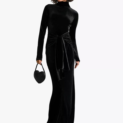 Load image into Gallery viewer, Velvet Long Sleeve Sexy Maxi Dress For Women Autumn Winter New Turtleneck Draped Ruched Bodycon Sexy Long Dress
