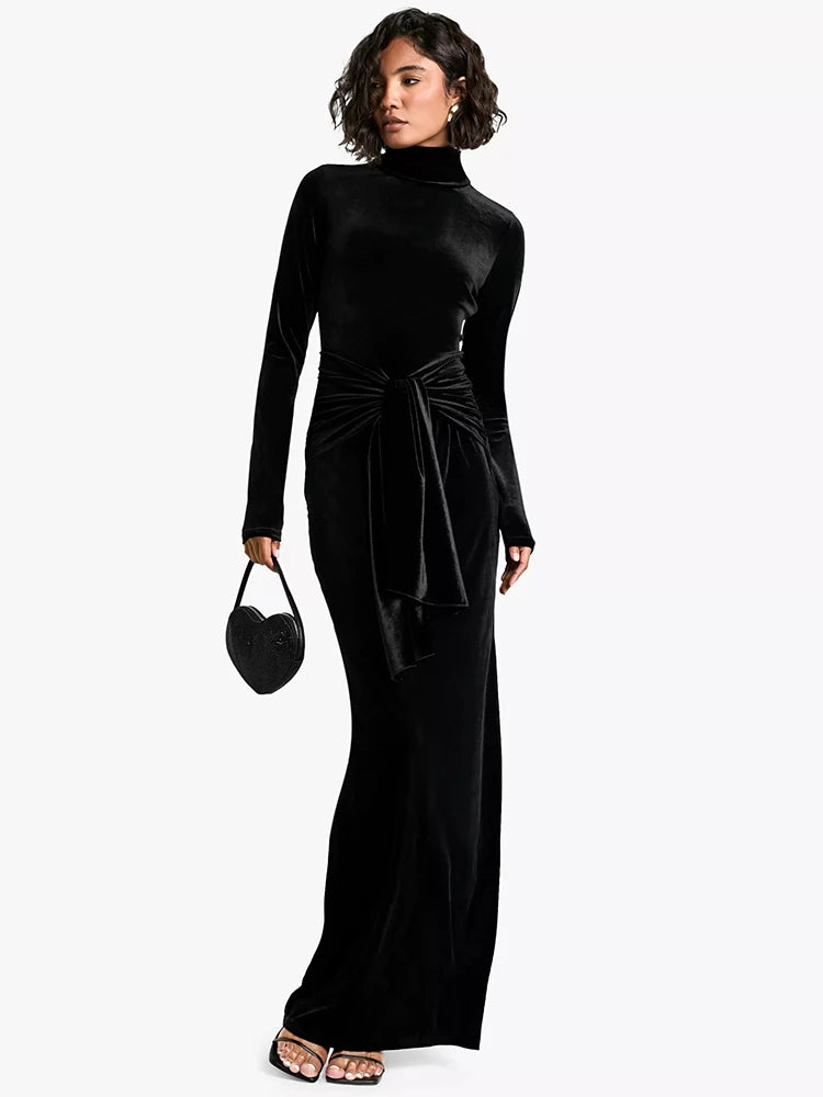 Velvet Long Sleeve Sexy Maxi Dress For Women Autumn Winter New Turtleneck Draped Ruched Bodycon Sexy Long Dress