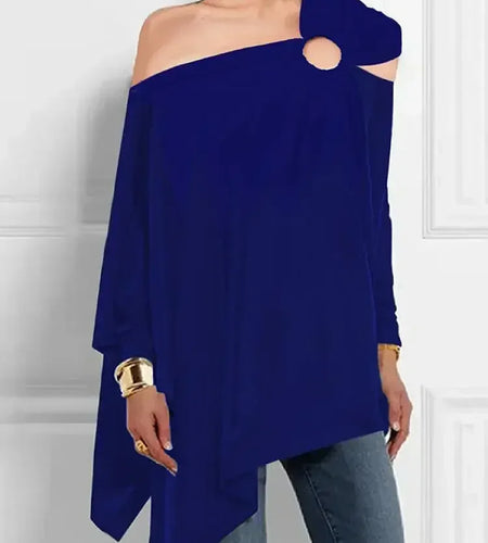 Solid Color Hollowed Asymmetric T-shirt for Women One-Shoulder Long Sleeve Loose Fit Shirt Top Female Blouse