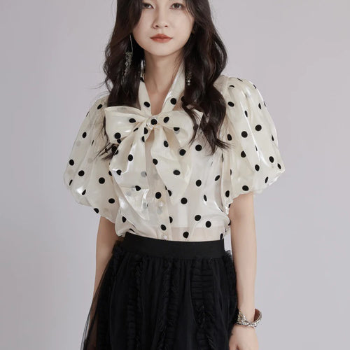 Load image into Gallery viewer, Women Apricot Dot Printed Perspective Blouse New Bow Collar Short Sleeve Shirt Fashion Tide Spring Summer 2025 1DJ1516
