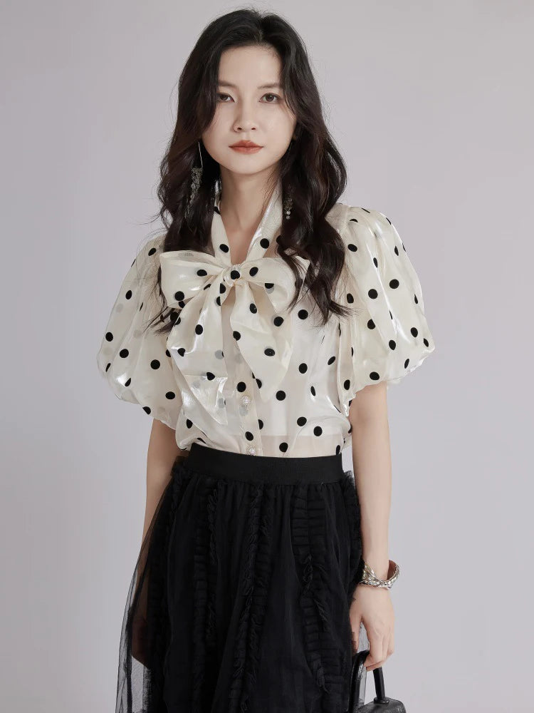 Women Apricot Dot Printed Perspective Blouse New Bow Collar Short Sleeve Shirt Fashion Tide Spring Summer 2025 1DJ1516