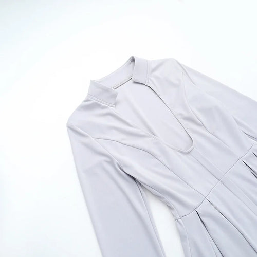 Load image into Gallery viewer, Gray Long Sleeve Sexy Mini Dress Women Solid V Neck High Waist A-line Club Party Pleated Sexy Dress Elegant Clubwear
