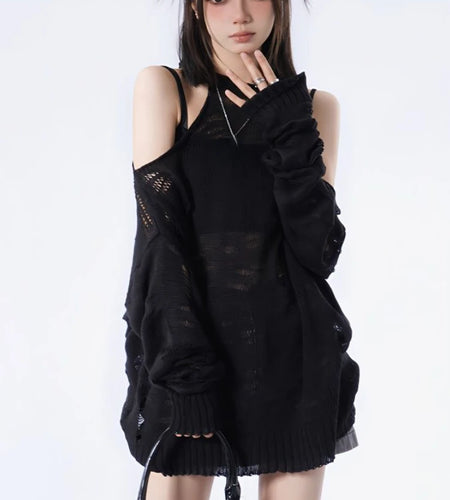 Grunge Loose Women Sweaters Y2k Aesthetic Hollow Out Thin Pullovers 2025 Spring Long Sleeve Fashion Casual Kniited Tops Sexy