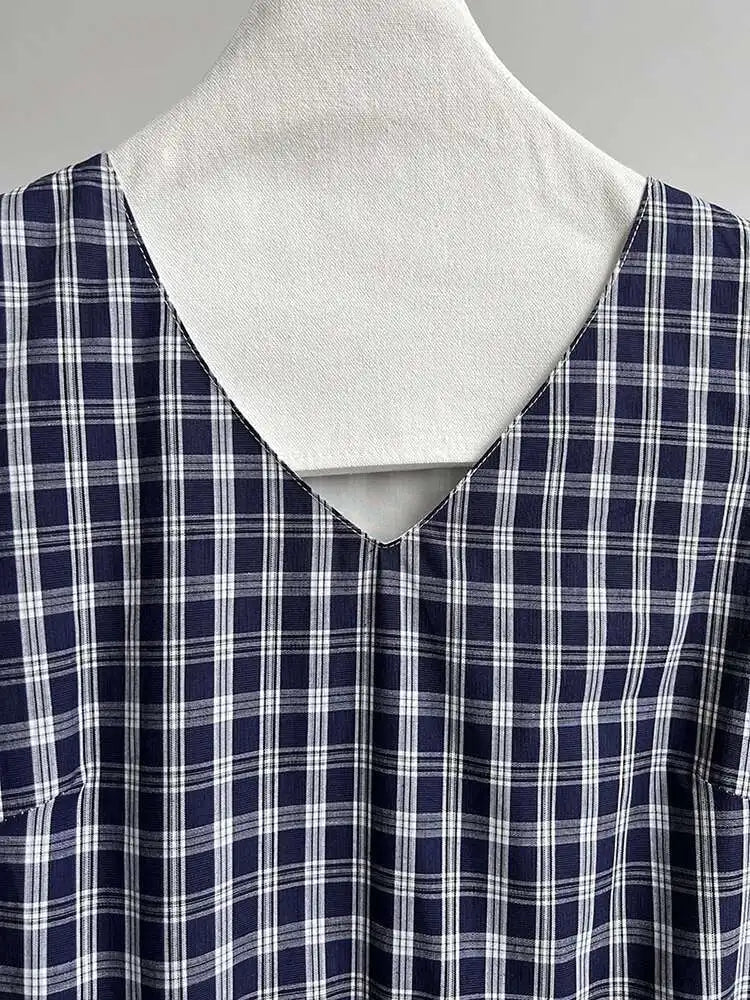 Women Dark Blue Plaid Pocket Vintage Long Elegant Vest Dress New V-Neck Sleeveless Fashion Tide Spring Summer 2025 1DJ0667