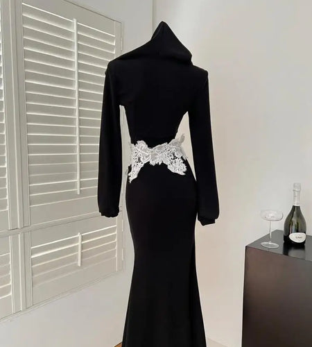 Spring Women's Black Patchwork Lace Hooded Zipper Halter Short Tops And High Waist Fishtail Skirt Festival Two Piece Set Popular