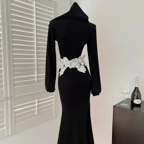 Load image into Gallery viewer, Spring Women&#39;s Black Patchwork Lace Hooded Zipper Halter Short Tops And High Waist Fishtail Skirt Festival Two Piece Set Popular
