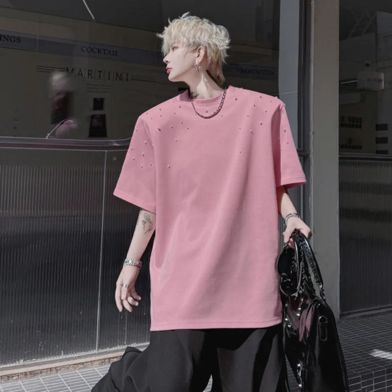 Men's Short Sleeve T-shirts Summer Solid Color Round Neck Handmade Nail Bead Design Pullover Loose Menwear 9W1506