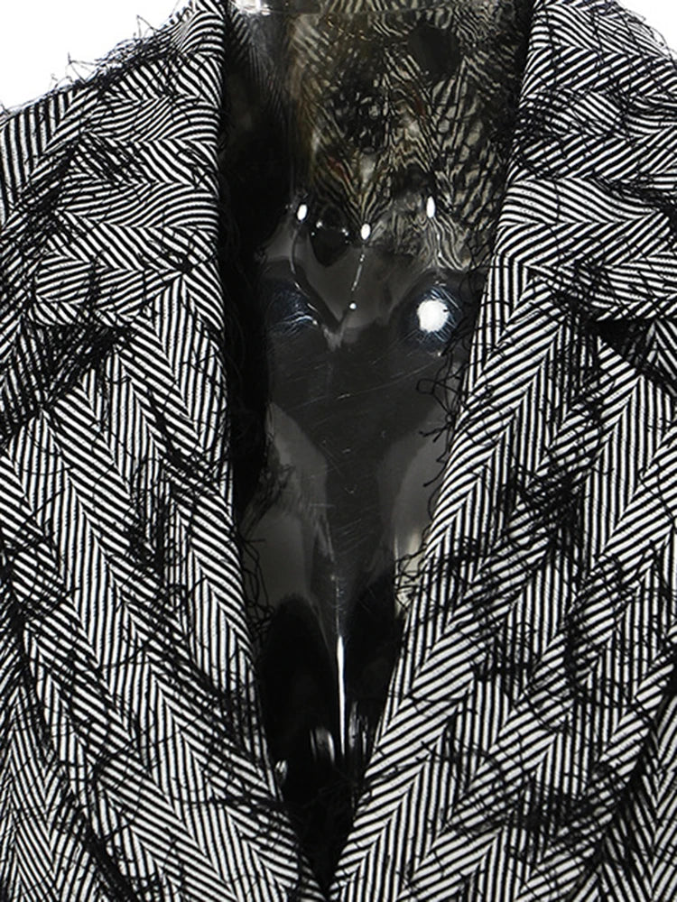 Women Gray Color-block Tassels Big Size Long Blazer New Lapel Long Sleeve Jacket Fashion Tide Spring Autumn 2025 7AB1820