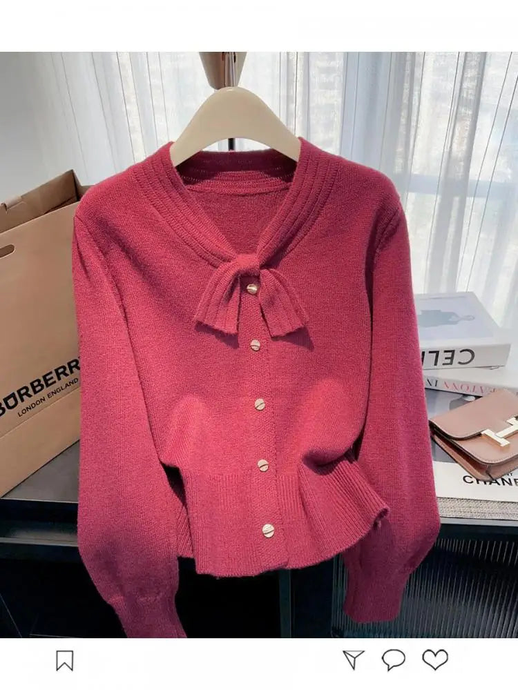 Autumn Winter Solid Elegant V Neck Bow Single Breasted Short Sweater Women's French 2024 New Long Sleeved Slim Knitted Tops Chic