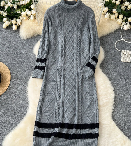 Autumn Winter Patchwork Elegant High Neck Knit Dress Women Korean Fashion Long Sleeves Slim 2024 New Loose Sweater Dresses Trend