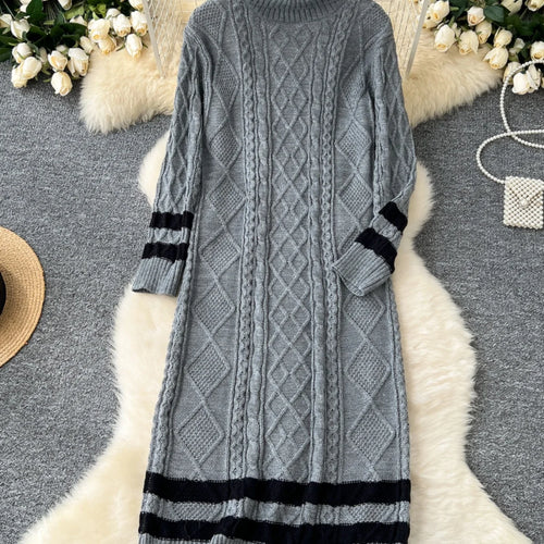 Load image into Gallery viewer, Autumn Winter Patchwork Elegant High Neck Knit Dress Women Korean Fashion Long Sleeves Slim 2024 New Loose Sweater Dresses Trend
