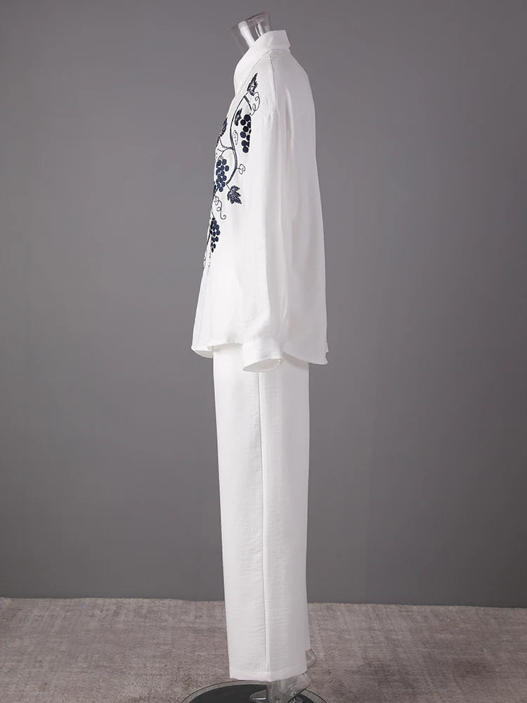 Big Size Embroidery Shirt Wide Leg Pants Two Piece Suit New Lapel Long Sleeve Women Fashion Tide Spring Autumn 2025 CPG307