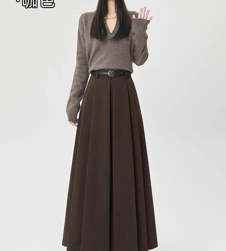 Vintage Women Solid High Waist Versatile Pleated A-line Long Woolen Skirt 2024 Autumn Winter Streetwear Simplicity Elegant Skirt
