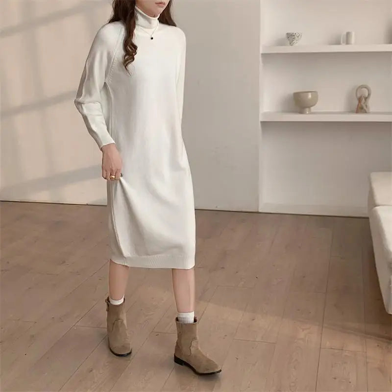 Autumn Winter 2023 New Solid High Neck Casual Loose Knitted Dresses Women Straight Long Sleeve Sweater Dress Popular Simplicity