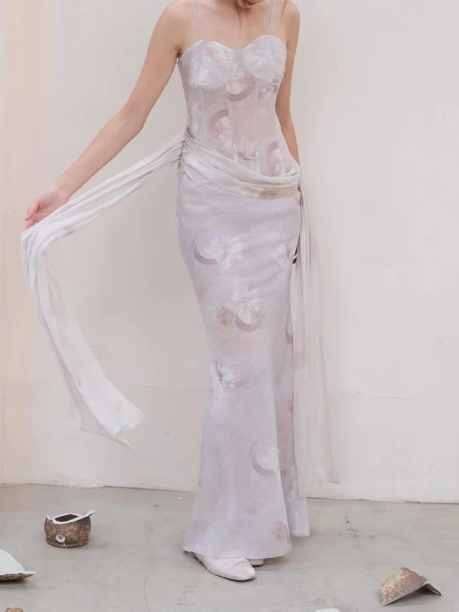 Slimming Printing Spliced Lace Up Elegant Dresses for Women Square Neck Sleeveless Tunic Dress Female Clothing New