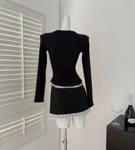 Korean Fashion 2025 Spring Two Pieces Set Women Black Patchwork Lace Elegant Long Sleeved Bow Tops + High Waist Short Skirt Chic