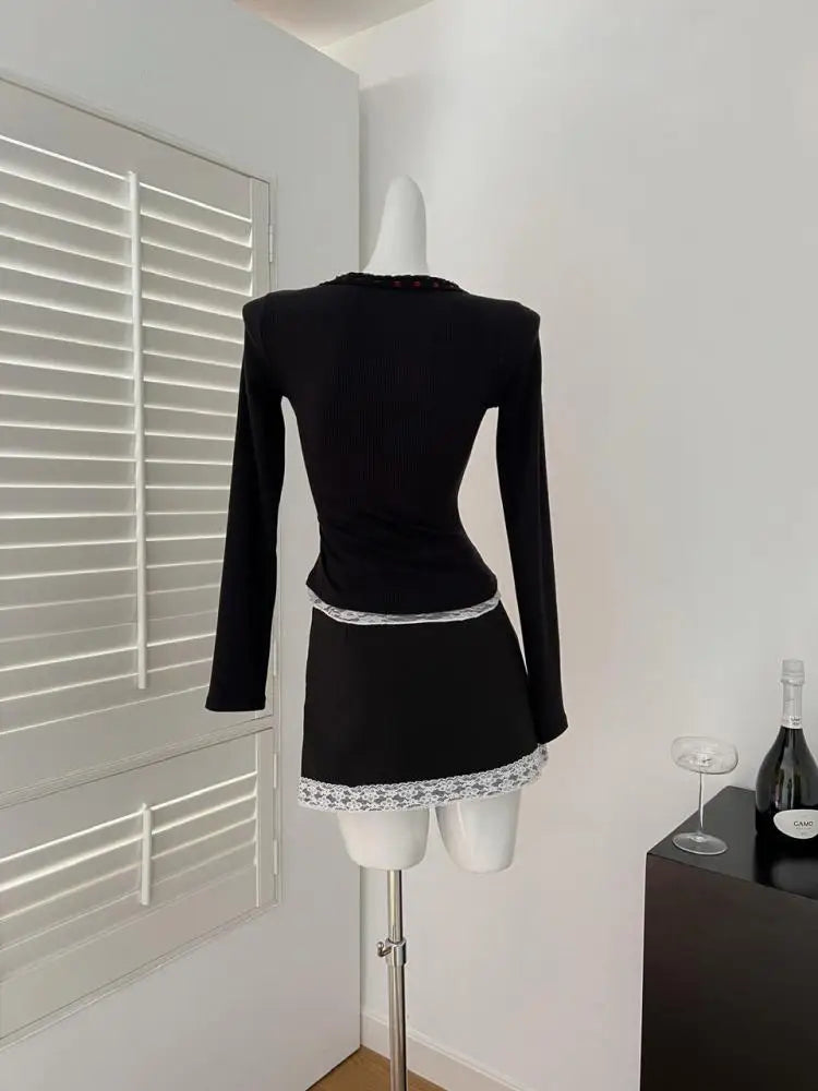 Korean Fashion 2025 Spring Two Pieces Set Women Black Patchwork Lace Elegant Long Sleeved Bow Tops + High Waist Short Skirt Chic
